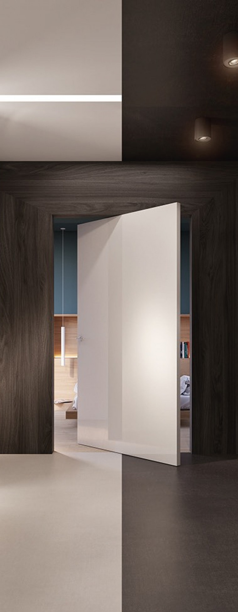 Wooden interior door with hidden aluminum frame
