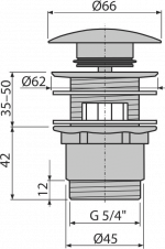 Слив для умывальника A390 CLICK/CLACK 5/4", металлический, с переливом, с большой пробкой A390 Alca — изображение 2